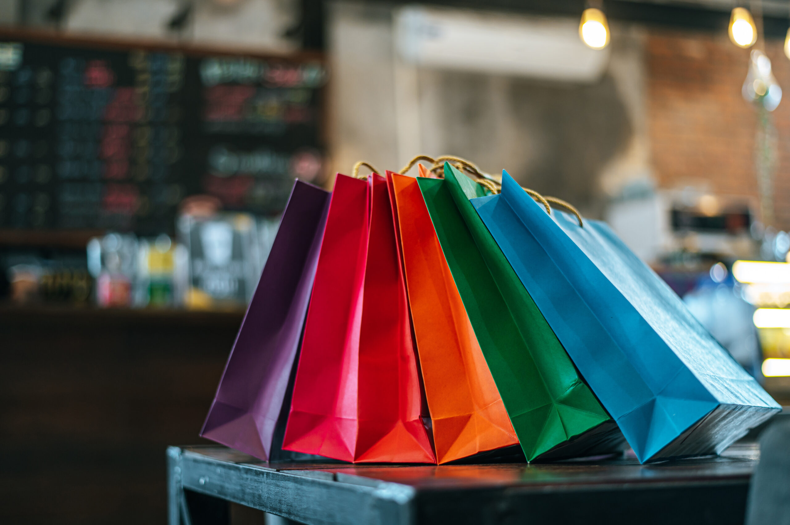 Colorful paper bags placed on the table
